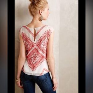 Ivory red sheer flowy boho free people embroidered blouse top tank S festival